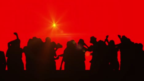 Digital-animation-of-yellow-spot-of-light-over-silhouette-of-people-dancing-against-red-background