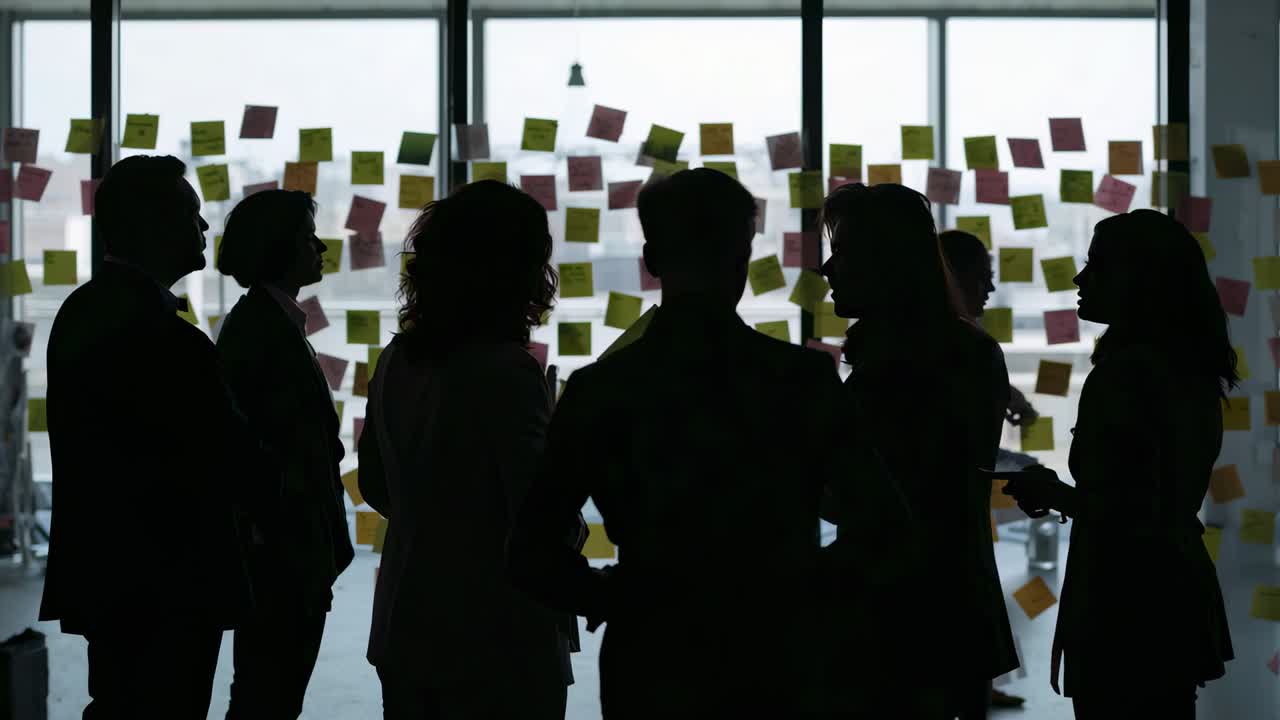 Scanning notes, team in blazers reaching and adjusting notes on glass wall at office for planning