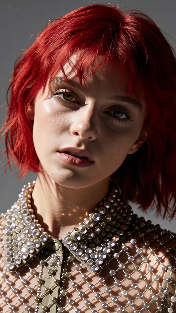 Video verticale: Modella dai capelli rossi che si gira posando per la telecamera in studio, mostrando un colletto di strass