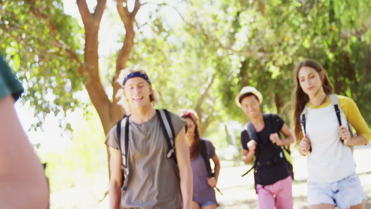 공원 4k에서  ⁇ 는 동안 손 제스처를하는 친구들