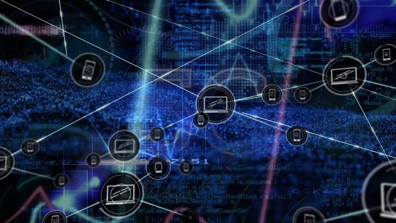 animación del procesamiento de datos e iconos sobre fondo negro