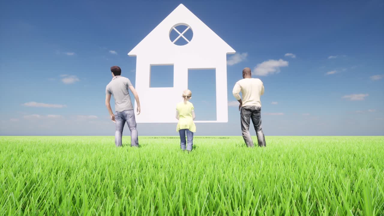 Mortgage house Business persons happy family green landscape 4k