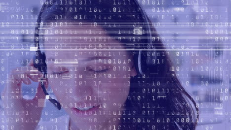 animation of binary coding and interference over biracial businesswoman wearing phone headset