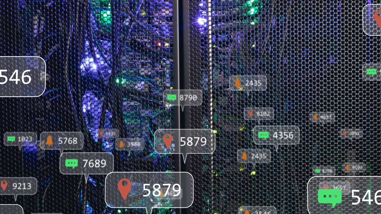 Animation of social media icons and data processing over computer server