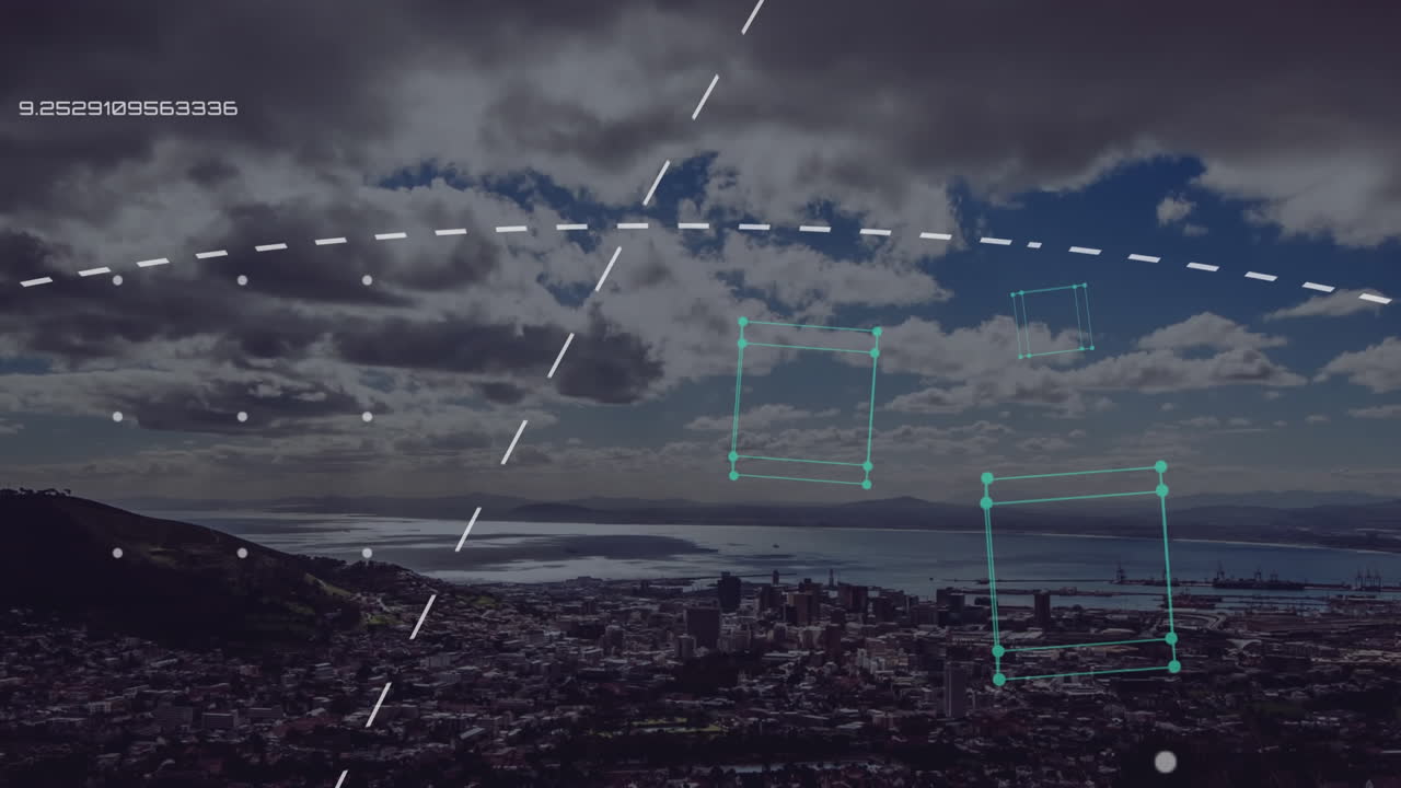 анимация геометрических фигур с городом на заднем плане