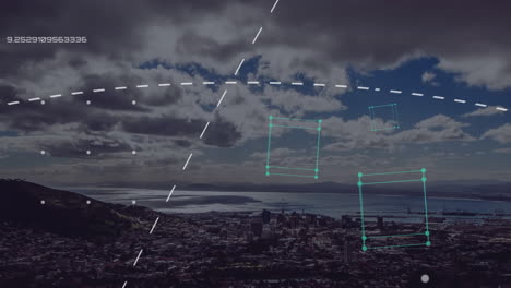 animación de formas geométricas con la ciudad en el fondo