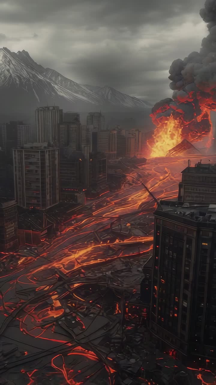 Video verticale: vulcano in eruzione che riversa lava incandescente per le strade della città, con pennacchio di fumo
