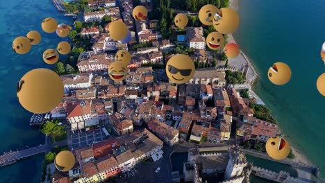 digital composition of multiple face emojis floating against aerial view of cityscape