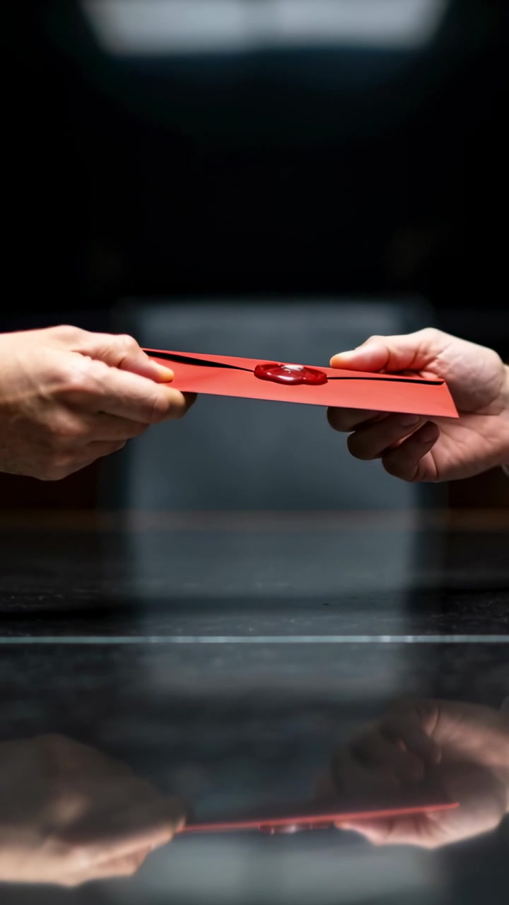 Vertical video: Sliding hands passing red wax-sealed envelope on shiny table for handover suit cuff