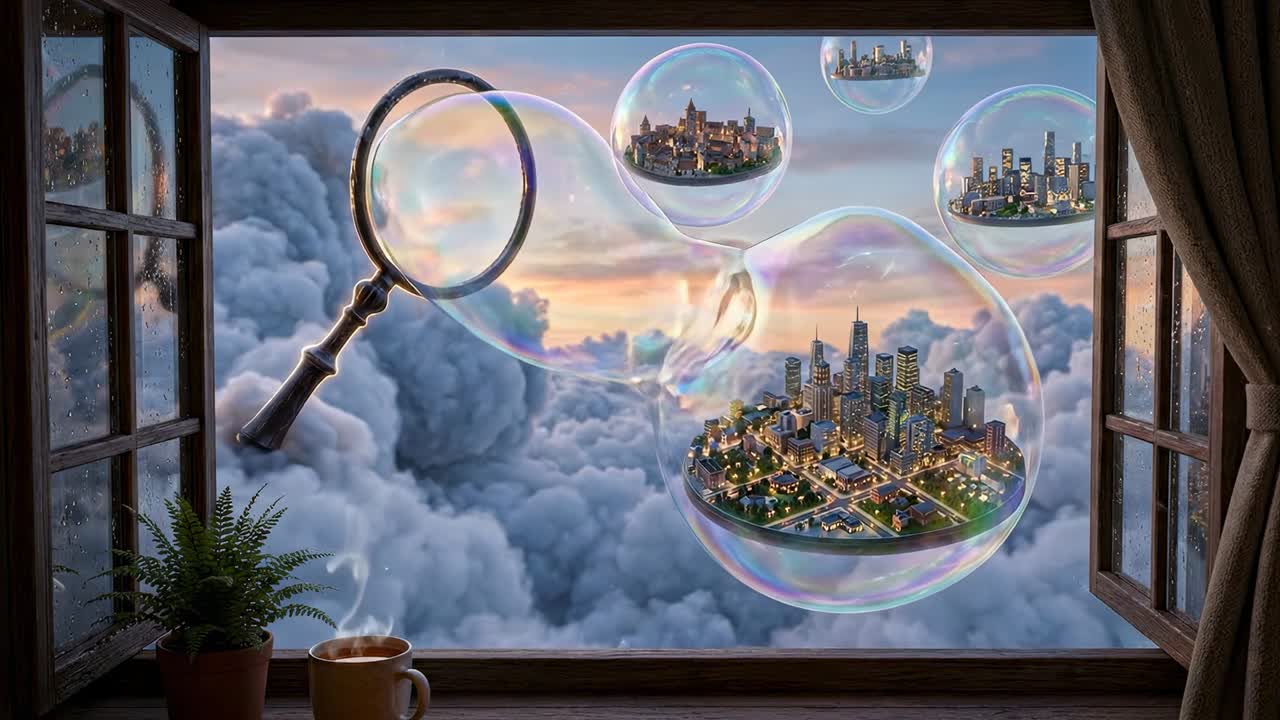 Vue fantastique depuis une fenêtre d'une loupe soufflant des bulles urbaines dans le ciel.