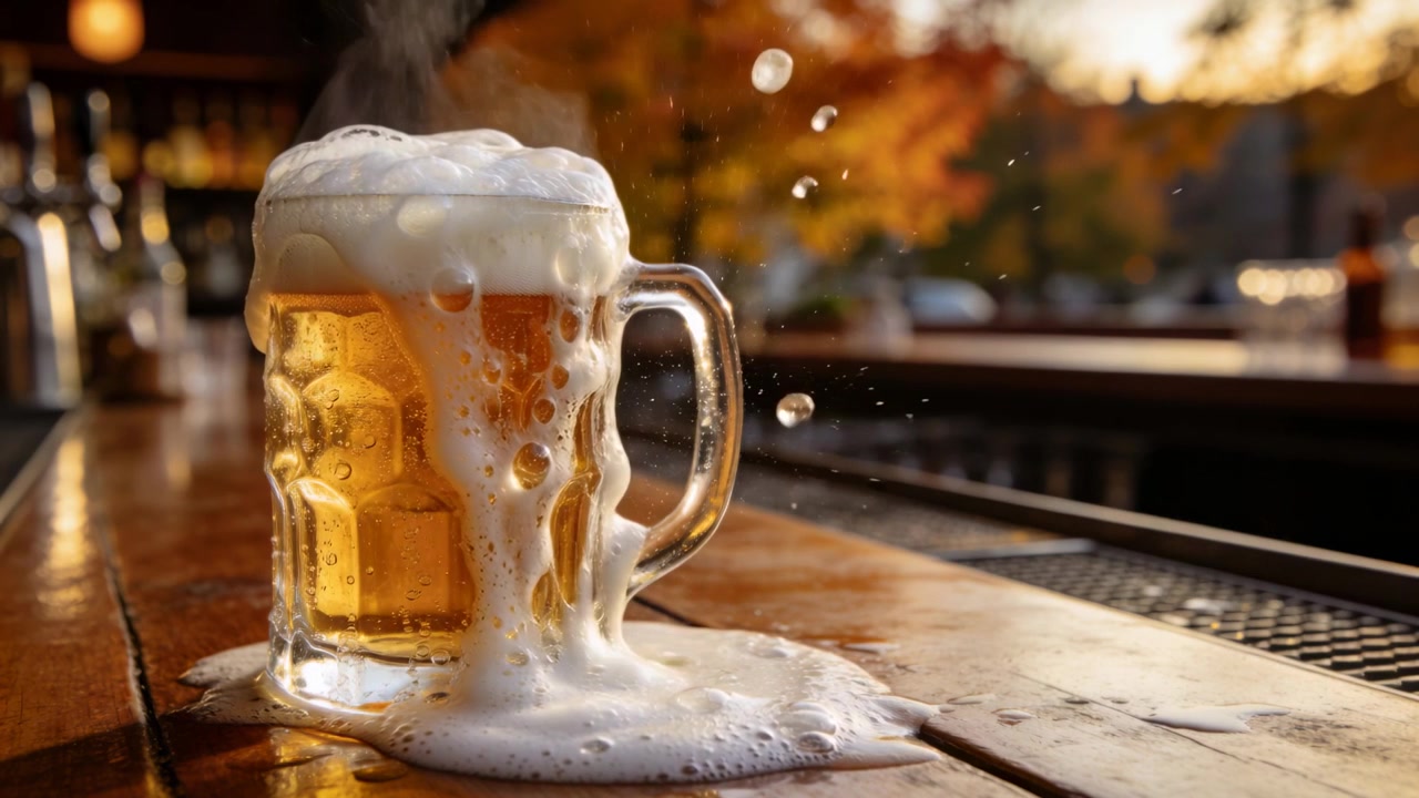 Ein nach dem Einschenken überlaufender Bierkrug mit Henkel läuft über einen Holztresen, wobei sich eine Schaumpfütze bildet.
