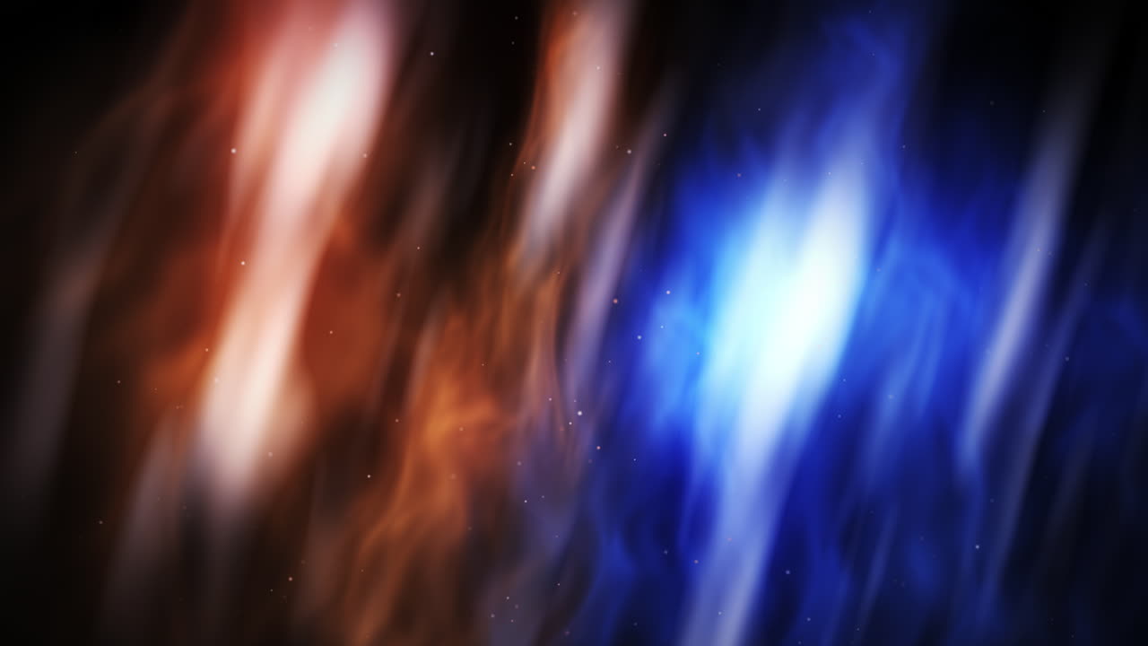 Yellow hot and blue flame with bright burning sparks. Glowing iridescent plasma. Looped animation with a dark background.