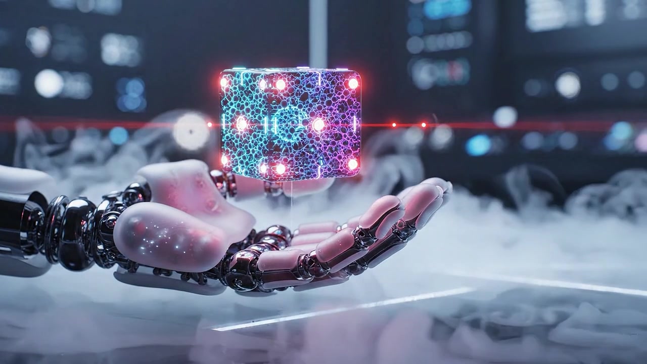 Buhar ve gelişmiş arayüzlerle çevrili yüksek teknolojili bir ortamda parlayan bir küpü gösteren fütüristik bir robot eli, yeniliği ve teknolojiyi sergiliyor.