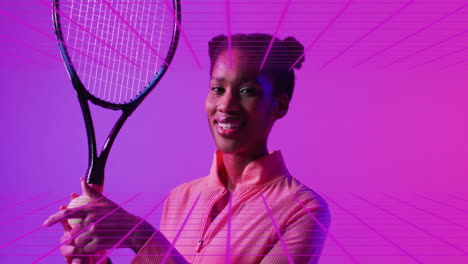 holding tennis racket, woman with pink digital grid background in animation