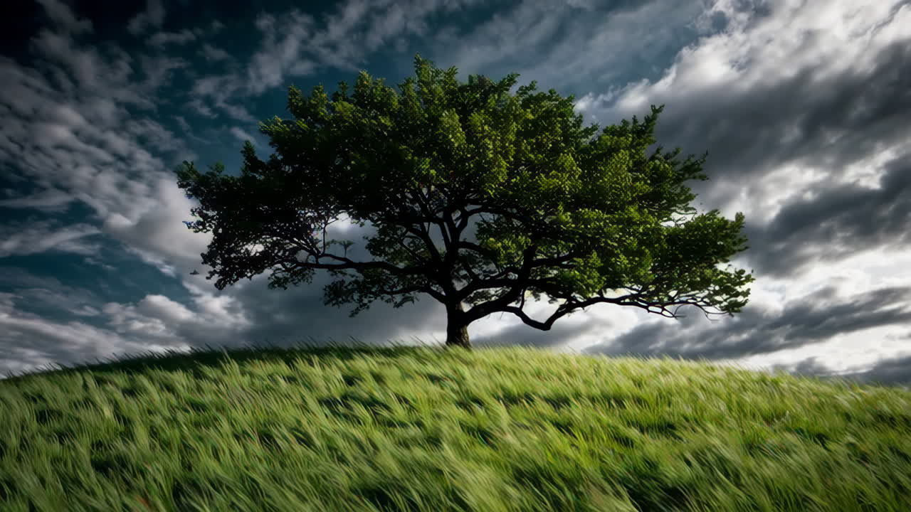 Solitary Tree on a Hill Under a Stormy Sky