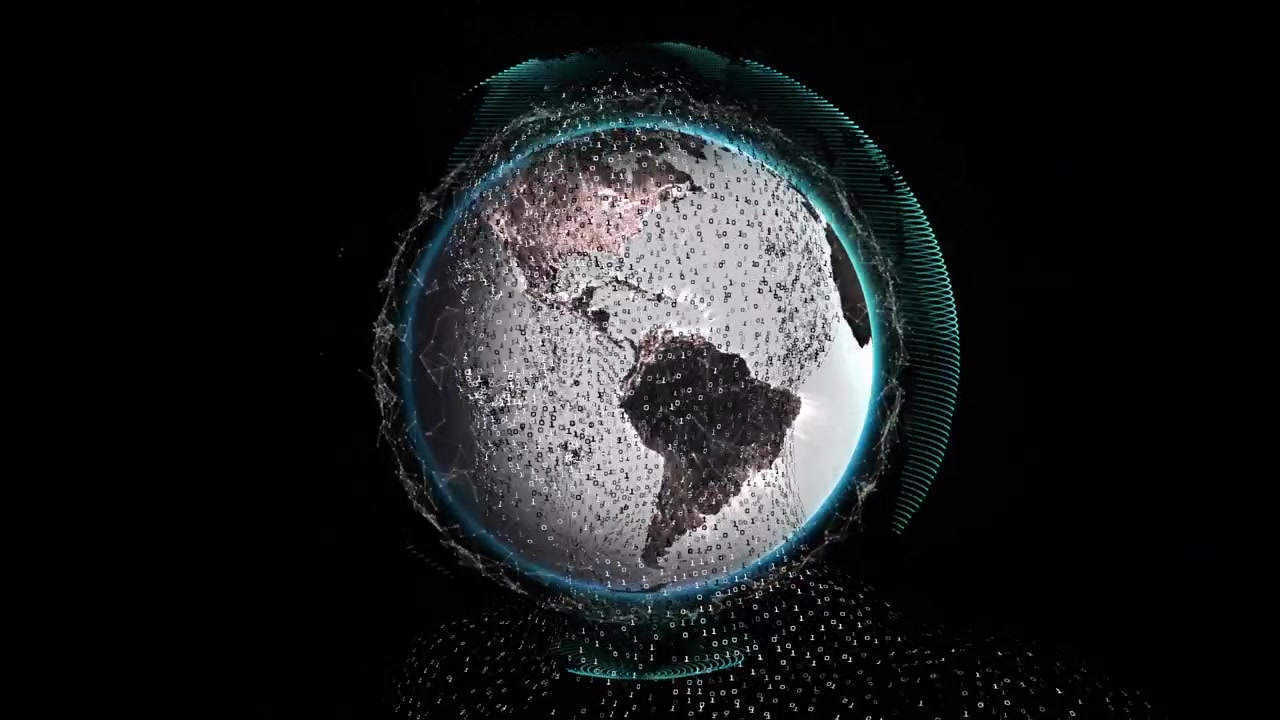 Animaatio yhteysverkoston pyörivän maapallon yllä mustaa taustaa vasten.