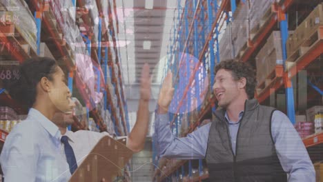 statistical data processing over male and female supervisors high fiving each other at warehouse