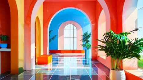 a brightly colored hallway with a plant in a pot