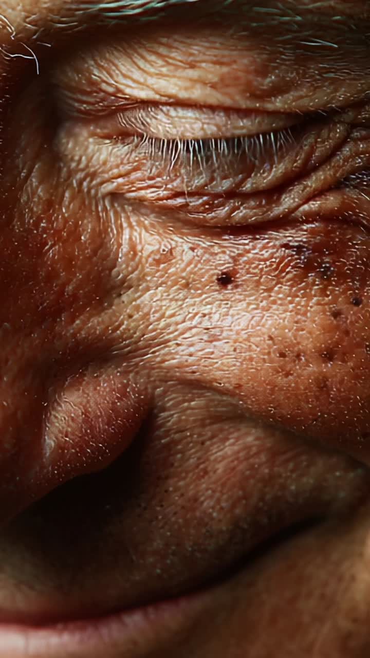 A Close-Up Study of Aging Skin, Capturing the Subtle Details of Wrinkles, Freckles, and the Expression of Joy in an Elderly Face