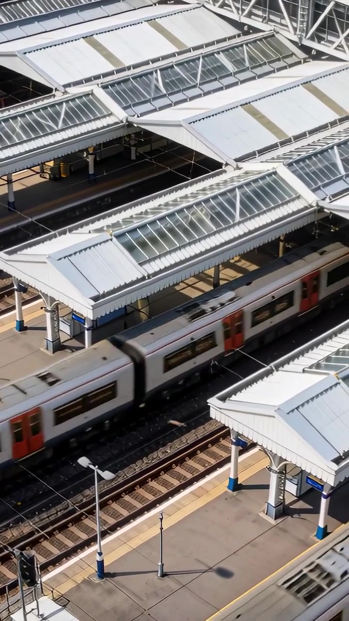 Vertikal video: Tog kører ind og passerer hovedspor på overdækket station, viser tog med gul front