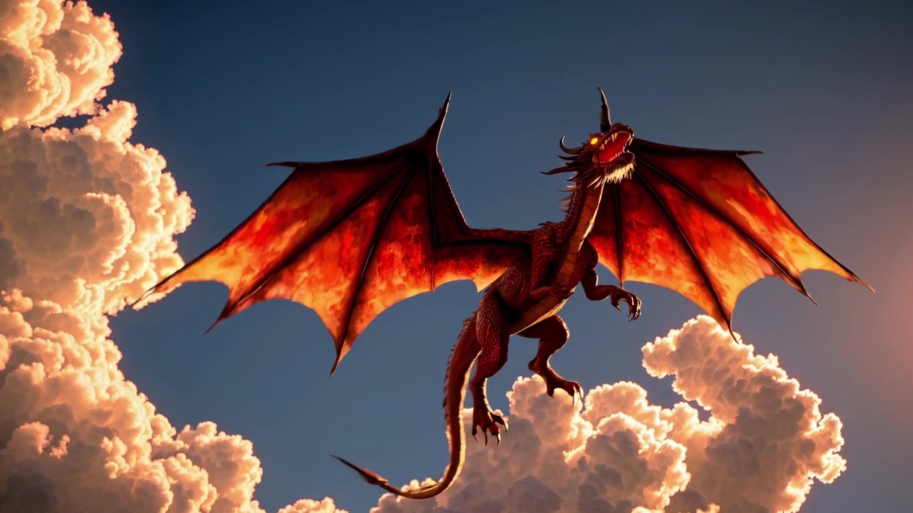 Dragão vermelho voando entre nuvens ao pôr do sol