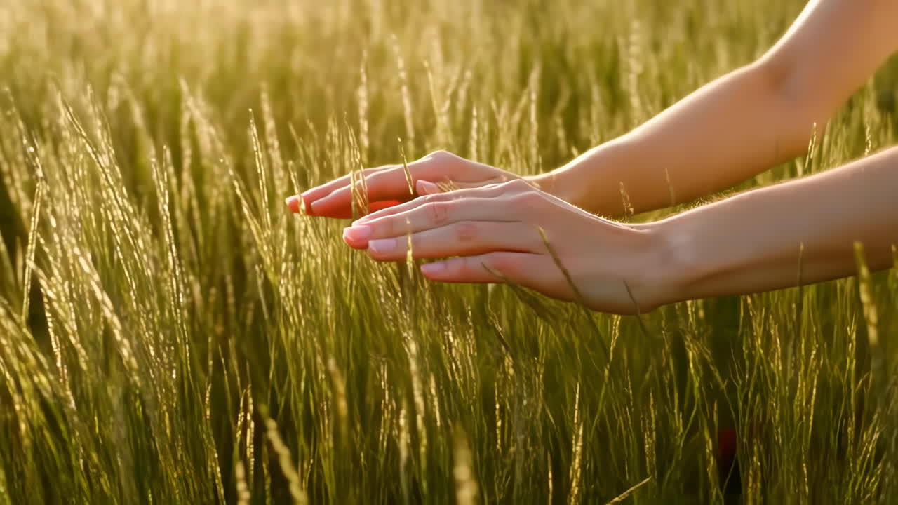 Hands touching wheat in a field