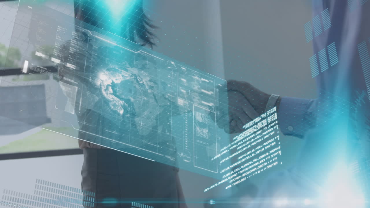 animación del procesamiento de datos en la pantalla sobre el apretón de manos de un hombre de negocios