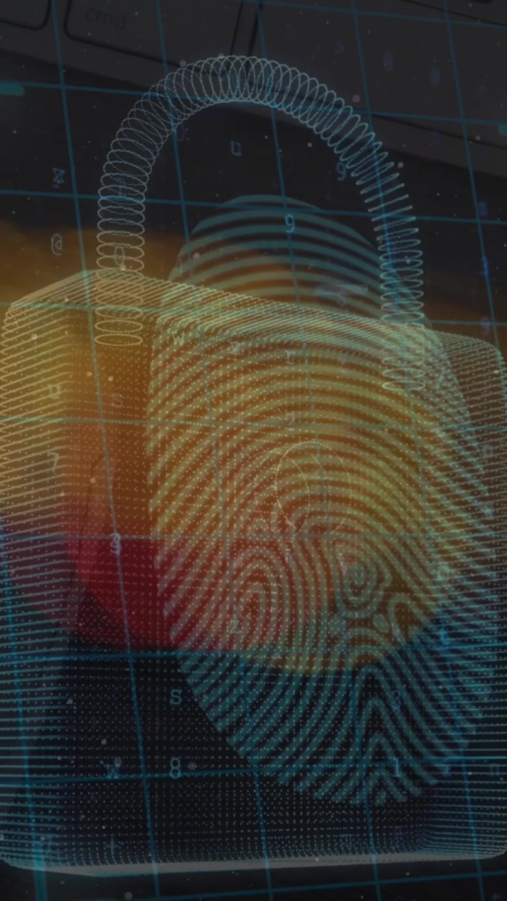 Animation of blurred traffic lights over digital padlock with fingerprint and dark space