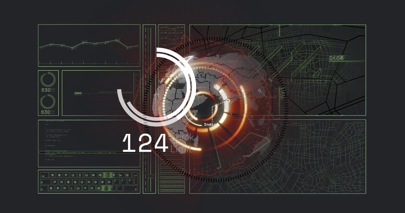 On data spike central HUD globe pulsing, rotating, arc expanding then retracting for monitoring
