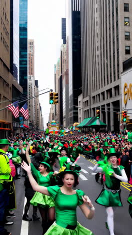 st. patrick's day parade celebration with dancers in green costumes
