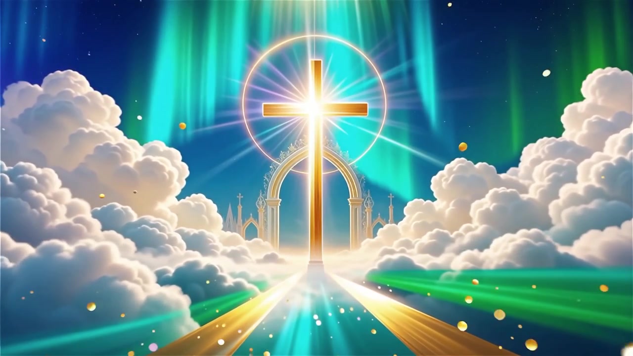 キリスト教の十字架と神聖な光が輝く礼拝用背景。