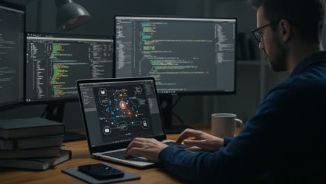 a professional software developer analyzing complex codes on multiple monitors with advanced programming tools and visual data representations in a modern workspace