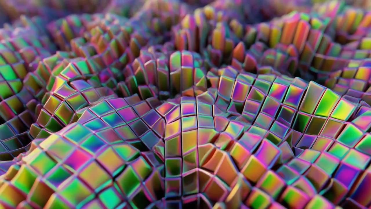 Animazione 3D astratta di cubi geometrici iridescenti in movimento