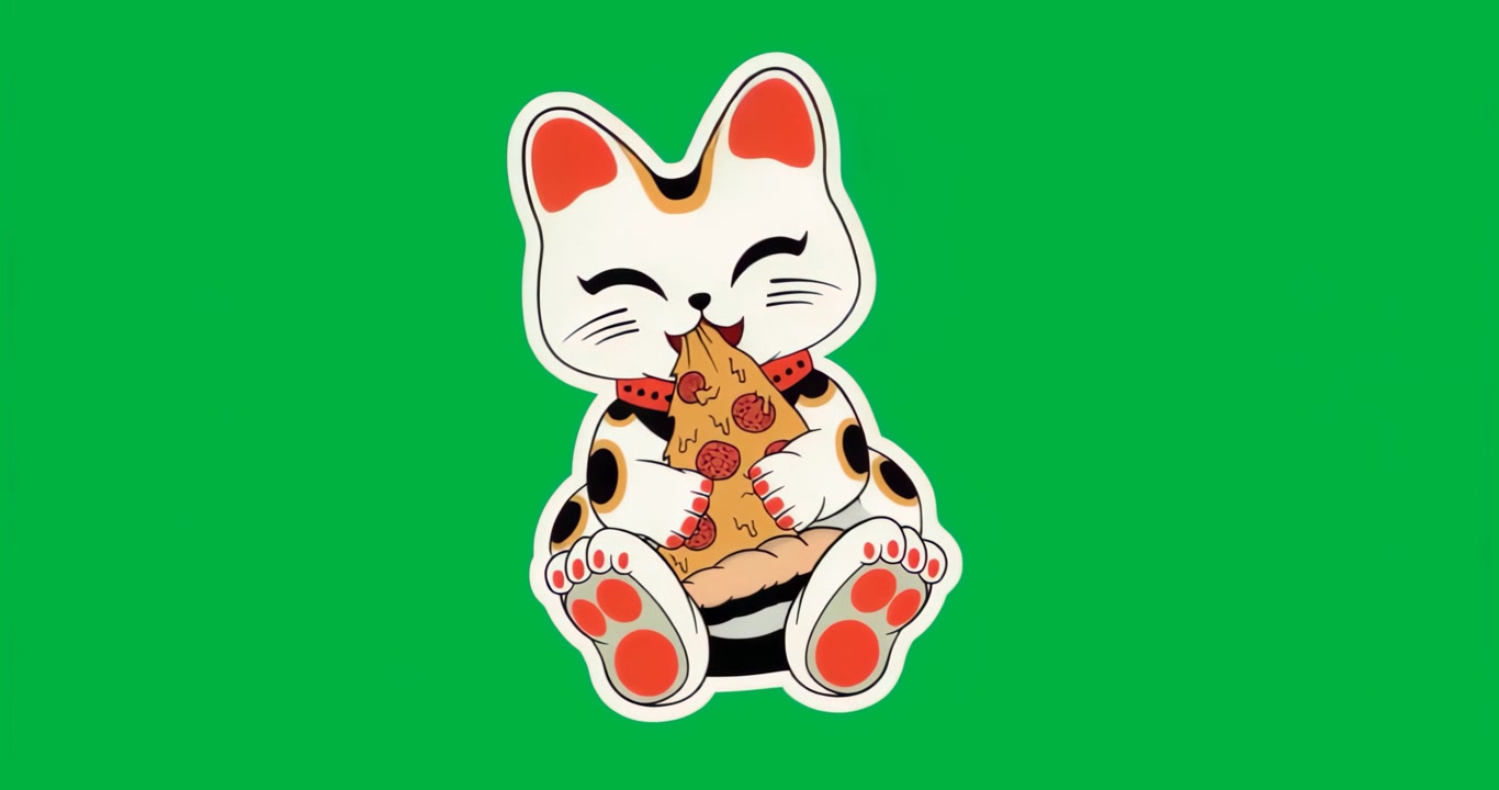 En trefarget maneki-neko-katt som holder en pepperoni-pizza, med piksler som glitsjer og fremhever støy.