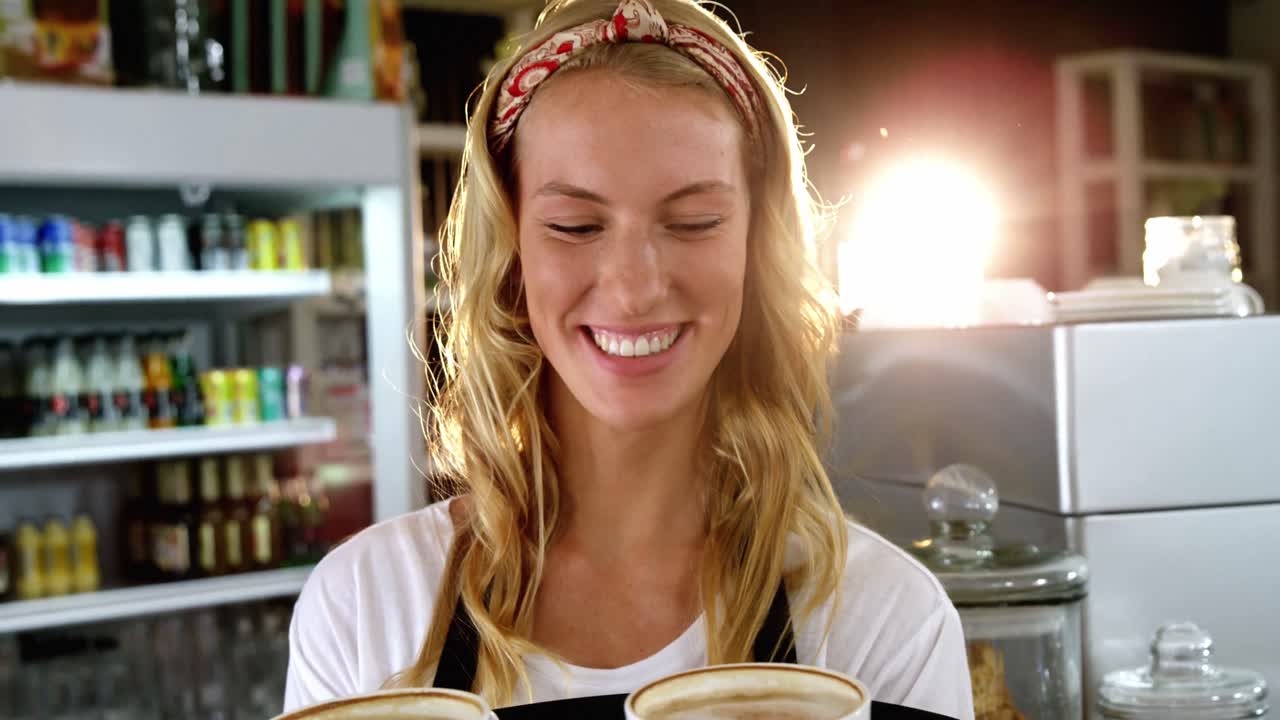 ritratto di una cameriera sorridente che tiene una tazza di caffè sul vassoio da servizio