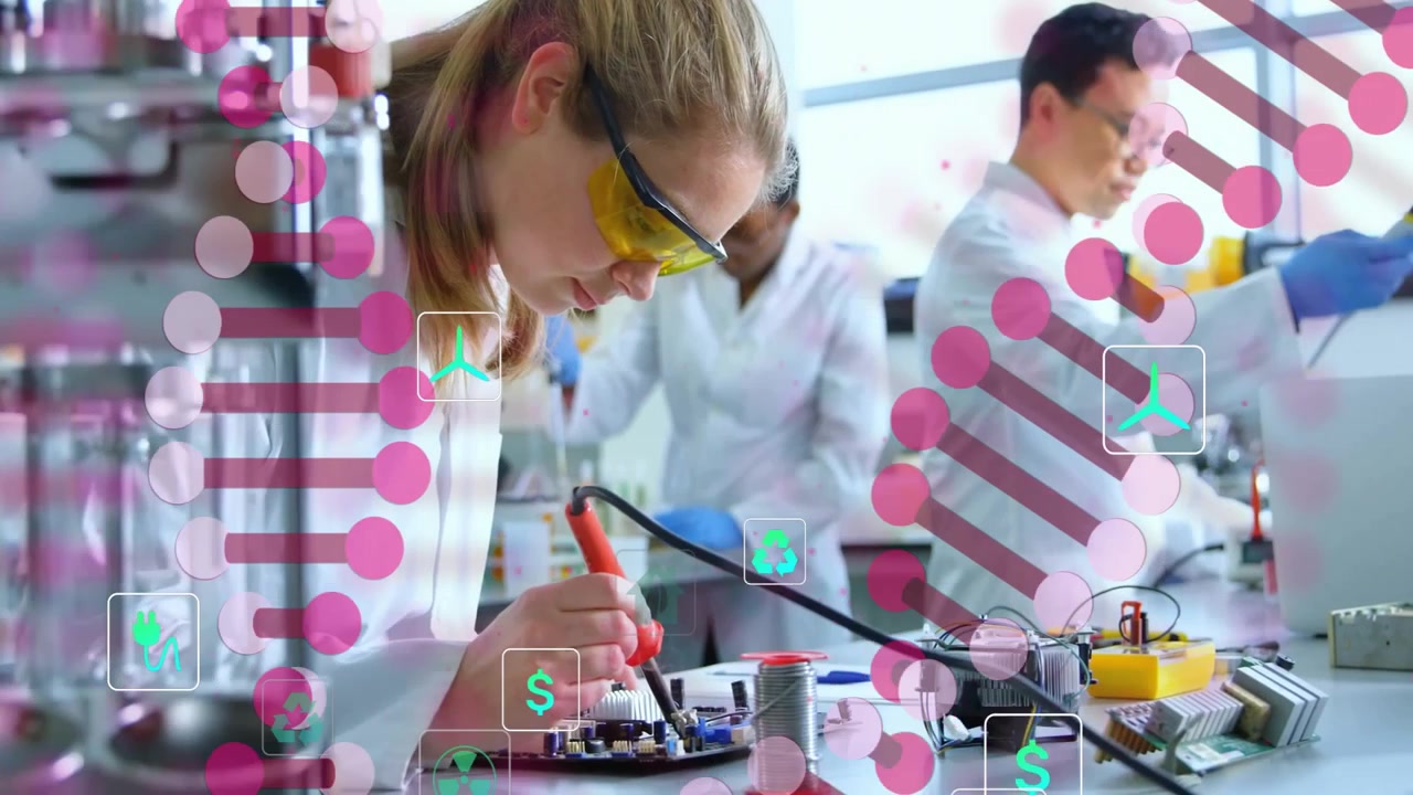Female researcher soldering circuit board in lab under floating DNA strands and recycling icons