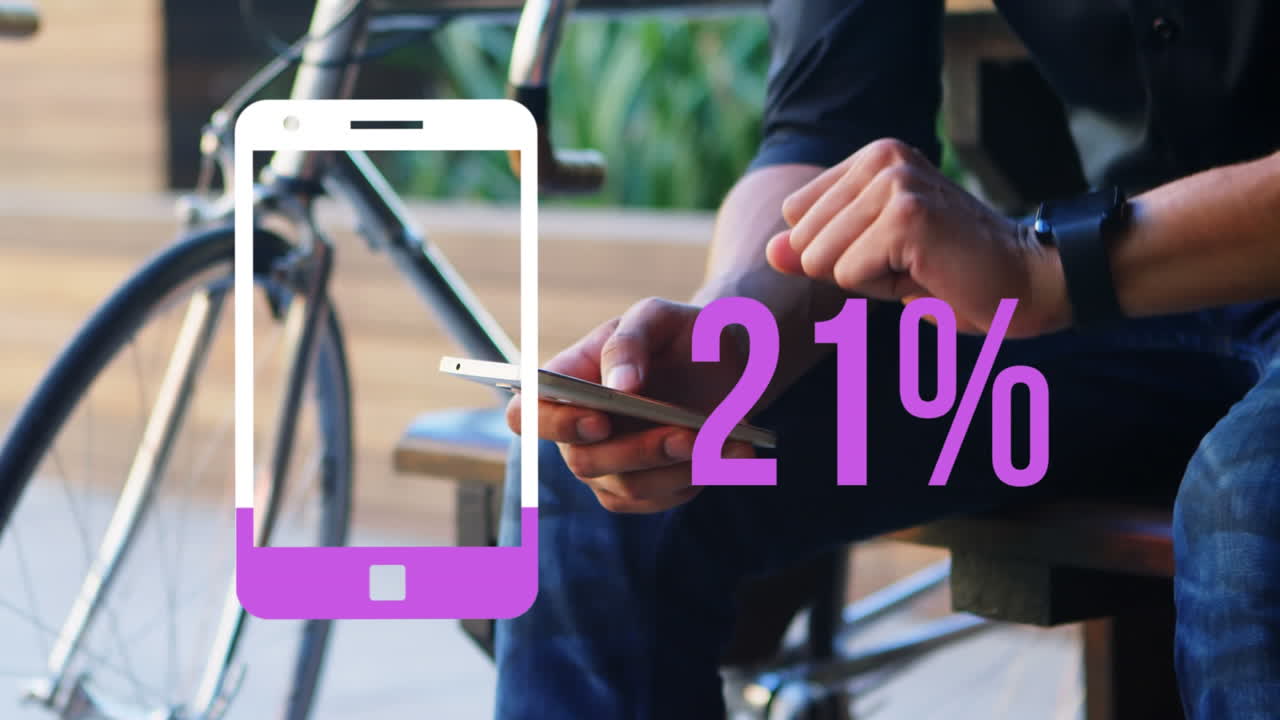 icono de teléfono inteligente y aumento del porcentaje en rosa con el hombre chequeando el reloj y sosteniendo el teléfono