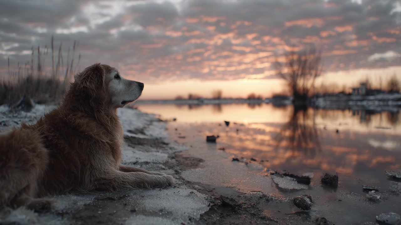 A serene golden retriever gazes thoughtfully across a tranquil river at sunset, capturing a moment of peace amidst the beauty of nature's vibrant colors