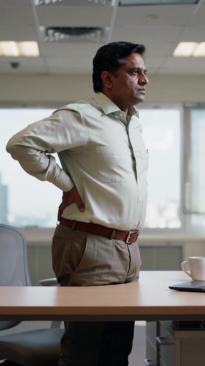 Vertical video: Pushing desk, man in green shirt standing at office desk, rubbing back for relief