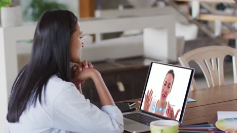 Mujer-Caucásica-Usando-Una-Computadora-Portátil-En-Una-Videollamada-Con-Una-Colega-Que-Trabaja-Desde-Casa