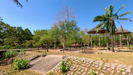 una vista serena y soleada del paisaje abierto del zoológico de khao kheow con palmeras y cielos azules claros