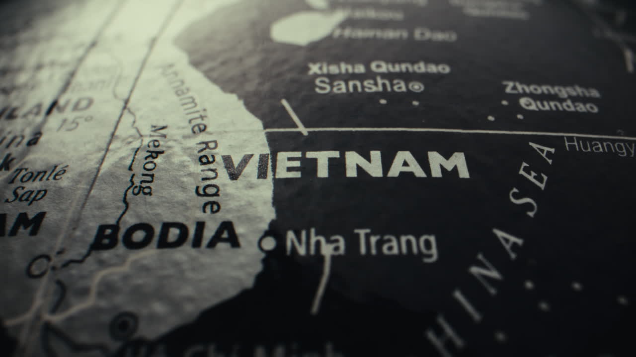 Close-up of a World Map Focusing on Vietnam