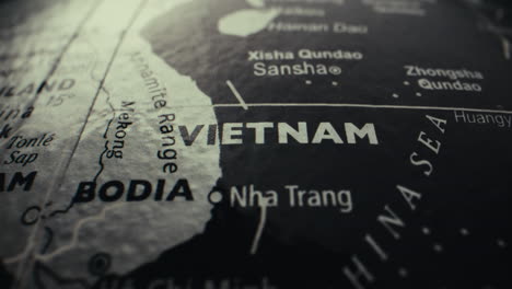 close-up of a world map focusing on vietnam