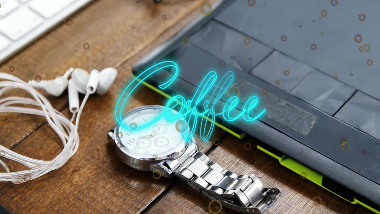 Animated flat design showing white in?ear headphones coiling beside silver analog wristwatch