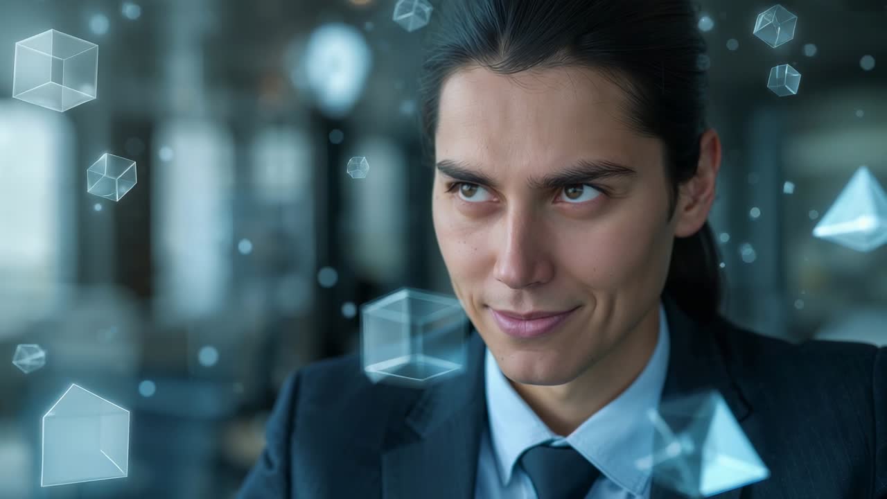 Reazione a cubi olografici fluttuanti, dirigente asiatico che alza lo sguardo sorridendo in ufficio con indosso un abito scuro