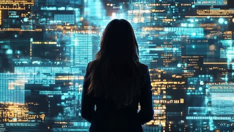 a woman standing in front of a city at night