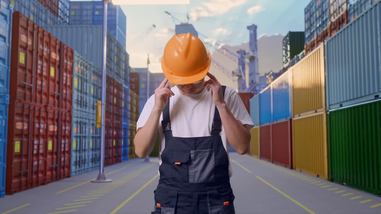 un trabajador asiático con gafas de protección y casco de seguridad tiene dolor de cabeza mientras está de pie en un almacén de contenedores
