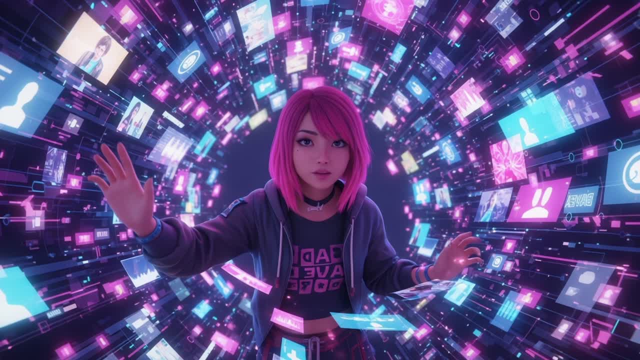 A digital journey through a vibrant virtual world, where an animated character explores the wonders of technology and interaction amidst a whirlwind of colorful data streams