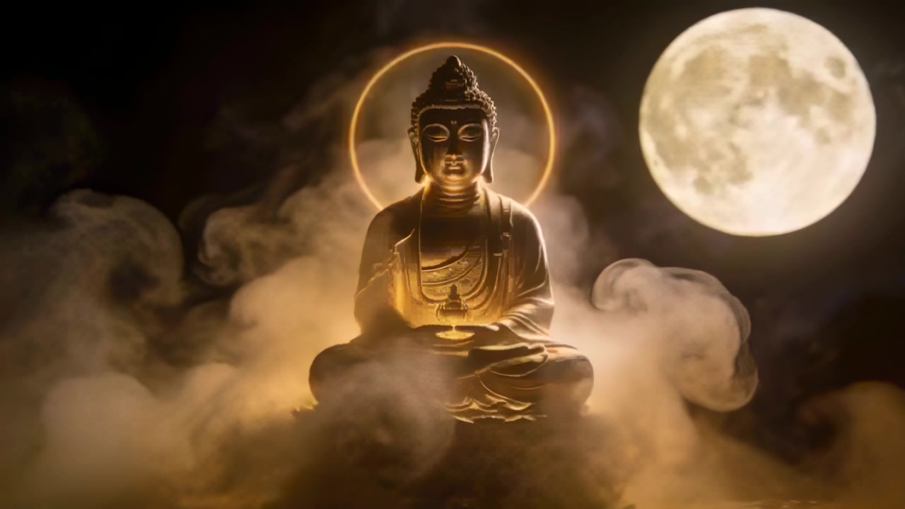 Khói bốc lên cuộn xoáy quanh tượng Phật ngồi bằng vàng vào ban đêm, ánh sáng làm nổi bật quầng sáng và mặt trăng.