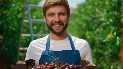 Gardener-holding-sweet-rustic-cherry-box-in-outdoor-farmland-plantation